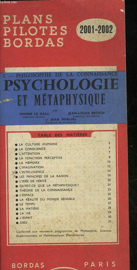 PLANS PILOTES BORDAS - 2001 - 2002 - 1 - PHILOSOPHIE DE LA CONNAISSANCE PSYCHOLOGIE ET METAPHYSIQUE