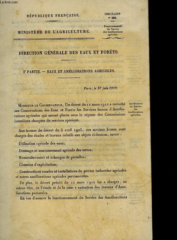 DIRECTION GENERALE DES EAUX ET FORETS - 2 PARTIE : EAUX ET AMELIORATIONS AGRICOLES - CIRCULAIRE N803