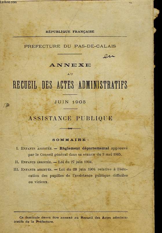 ANNEXE AU RECUEIL DES ACTES ADMINISTRATIFS - ASSISTANCE PUBLIQUE