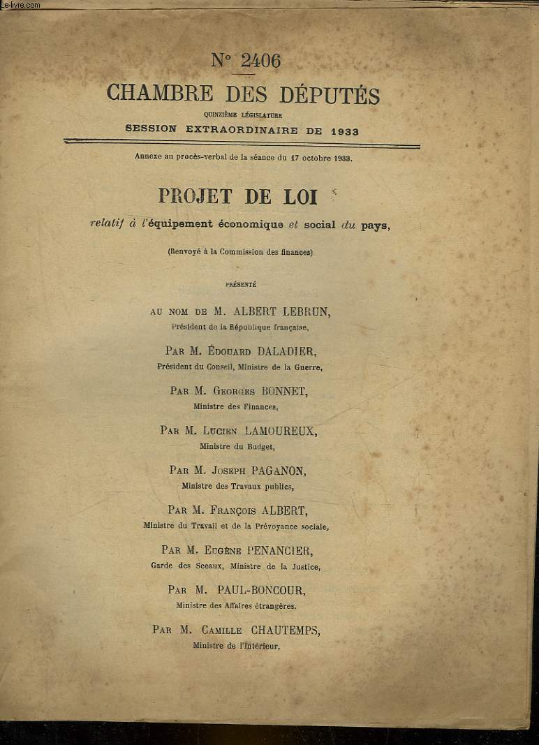 CHAMBRE DES DEPUTES - N2406 - PROJET DE LOI RELATIF A L'EQUIPEMENT ECONOMIQUE ET SOCIAL DU PAYS