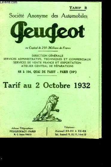 PEUGEOT - TARIF R - TARIF AU 2 OCTOBRE 1932