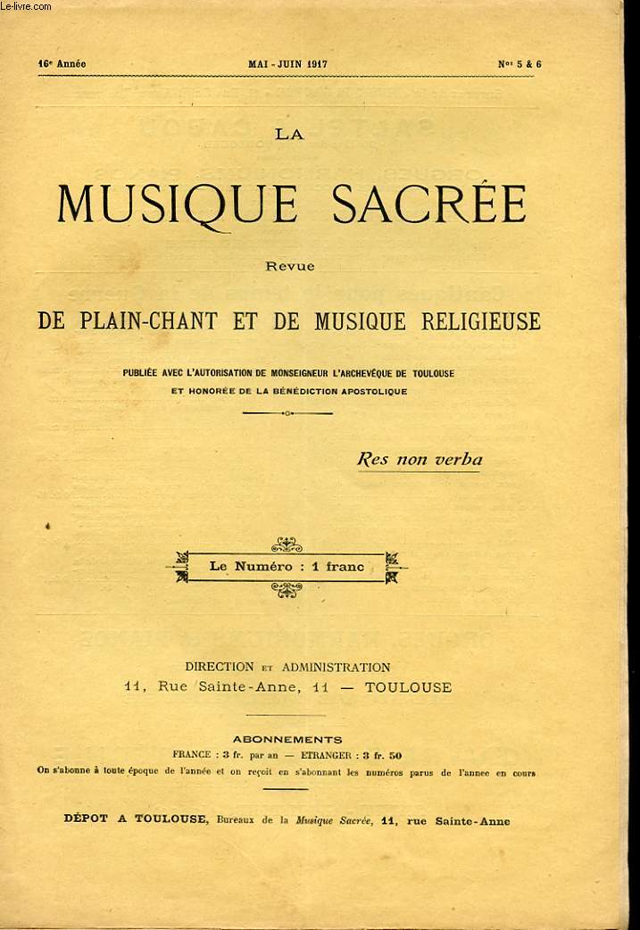 LA MUSIQUE SACREE REVUE DE PLAIN-CHANT ET DE MUSIQUE RELIGIEUSE - 16 ANNEE - N5 & 6