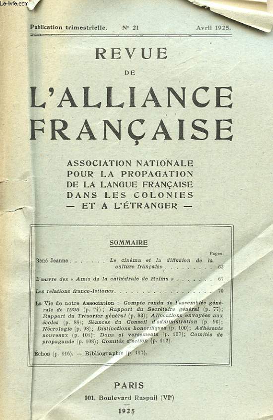 REVUE DE L'ALIANCE FRANCAISE - N21