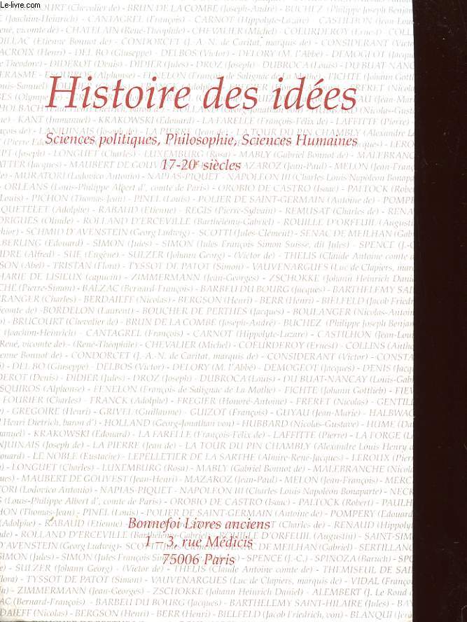 HISTOIRE DES IDEES - SCIENCE POLITIQUE, PHILOSOPHIE, SCIENCE HUMAINES 17 - 20 SIECLE - CATALOGUE