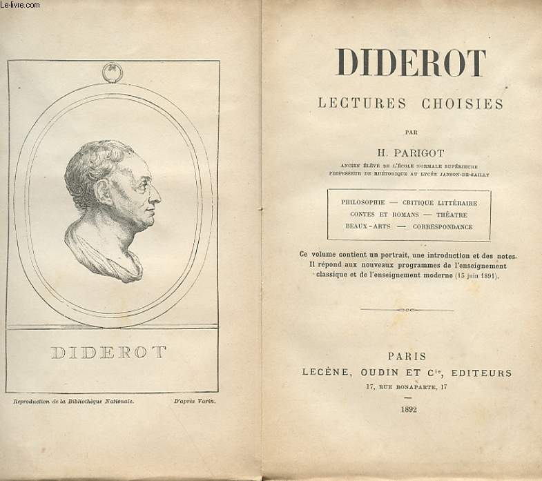 DIDEROT LECTURES CHOISIES : PHILOSOPHIE, CRITIQUE LITTERAIRE, CONTES ET ROMANS, THEATRE, BEAUX-ARTS, CORRESPONDANCE
