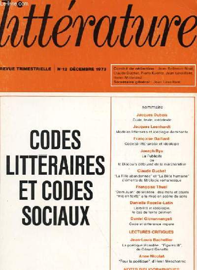 LITTERATURE N 12 - CODES LITTERAIRES ET CODES SOCIAUX