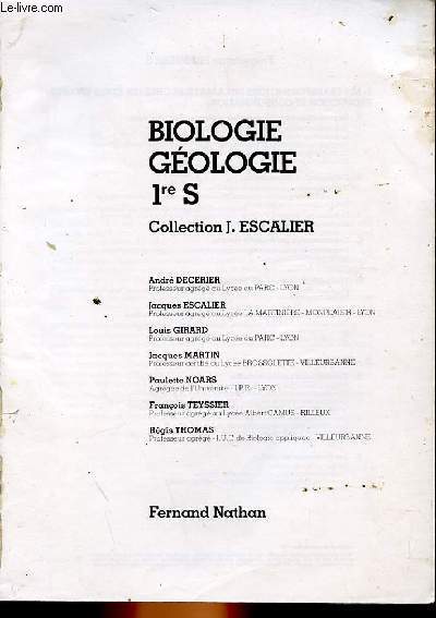 BIOLOGIE - GEOLOGIE 1ere S