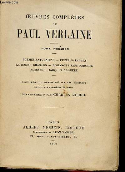 OEUVRES COMPLETES DE PAUL VERLAINE TOME PREMIER