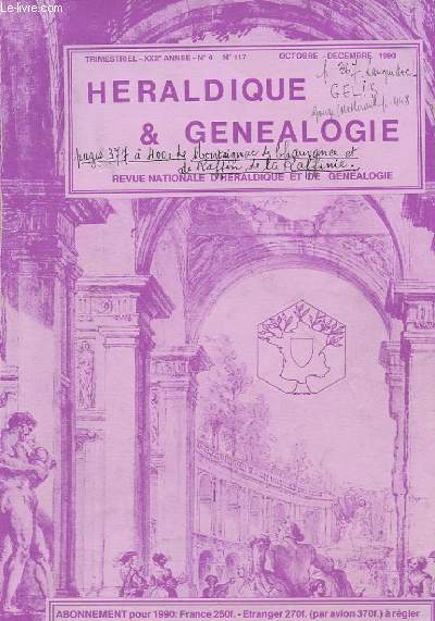 REVUE NATIONALE D'HERALDIQUE ET DE GENEALOGIE - XXII ANNEE - N 4 - N 117