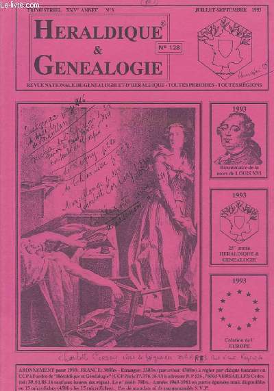 REVUE NATIONALE D'HERALDIQUE ET DE GENEALOGIE - XXV ANNEE - N 3 - N 128