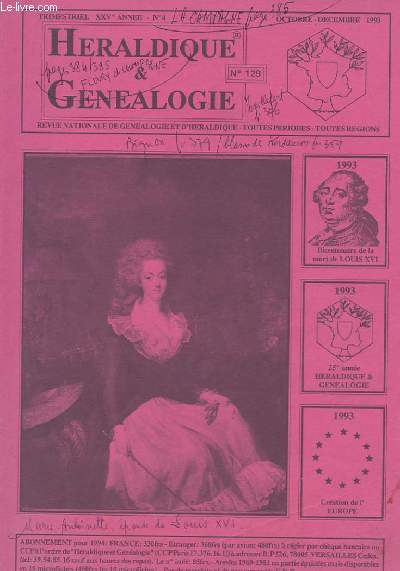 REVUE NATIONALE D'HERALDIQUE ET DE GENEALOGIE - XXV ANNE - N 4 - N 129