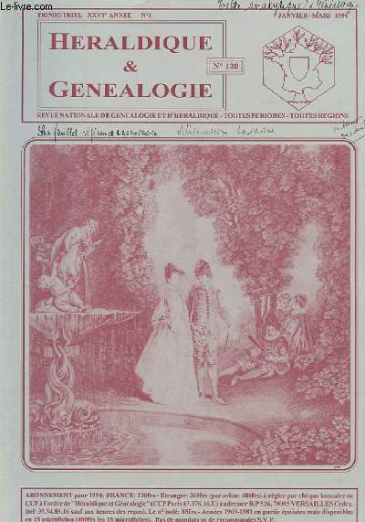 REVUE NATIONALE D'HERALDIQUE ET DE GENEALOGIE - XXVI ANNEE - N 1 - N 130