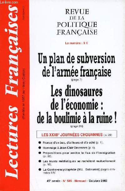 LECTURES FRANCAISES - REVUE DE LA POLITIQUE FRANCAISE N 5946 - 45 ANNEE - UN PLAN DE SUBVERSION DE L'ARMEE FRANCAISE - LES DINOSAURES DE L'ECONOMIE : DE LA BOULIMIE A LA RUINE