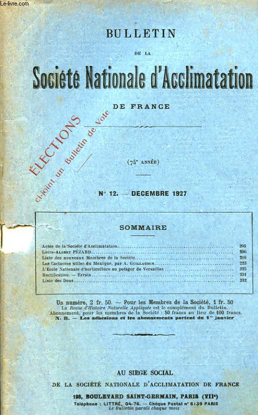 BULLETIN DE LA SOCIETE NATIONALE D'ACCLIMATION DE FRANCE 74 ANNEE - N12