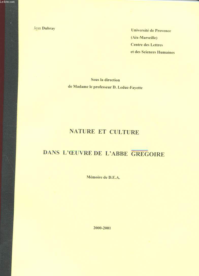 NATURE ET CULTURE DANS L'OEUVRE DE L'ABBE GREGOIRE