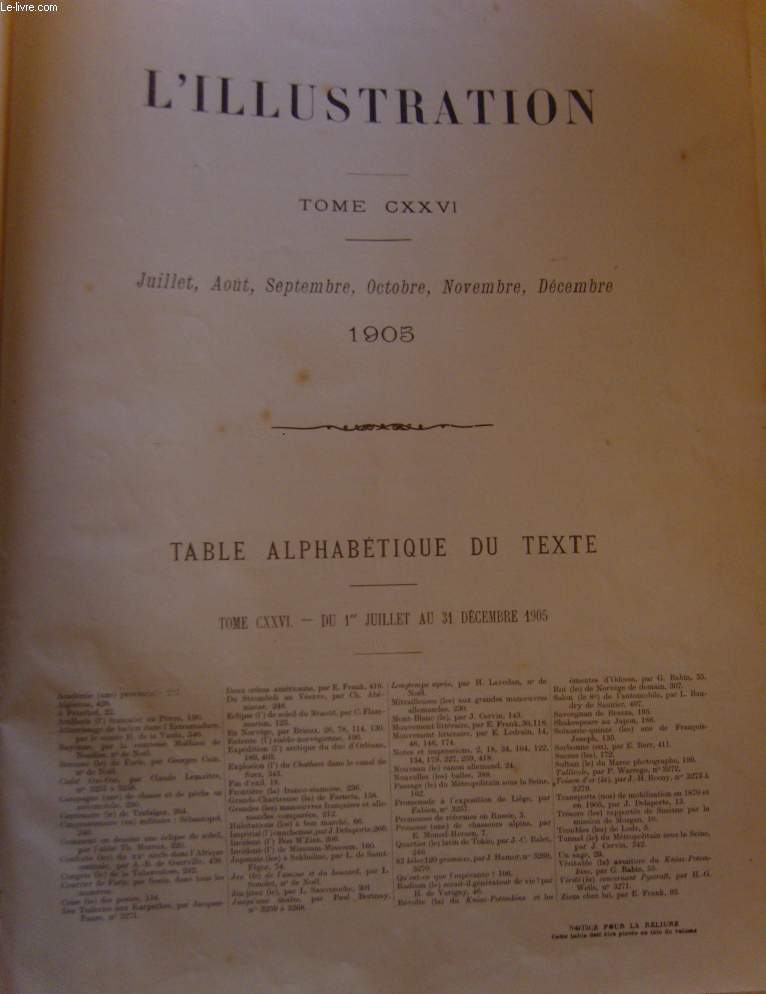L'ILLUSTRATION - TOME CXXVI - DEUXIEME SEMESTRE 1905 - DU N 3253 AU N 3279