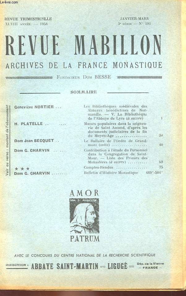 REVUE MABILLON - ARCHIVES DE LA FRANCE MONASTIQUE - XLVIII ANNEE - N 191
