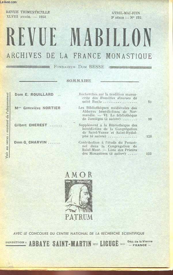REVUE MABILLON - ARCHIVES DE LA FRANCE MONASTIQUE - XLVIII ANNEE - N 192