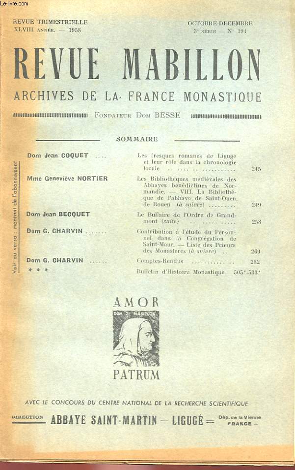 REVUE MABILLON - ARCHIVES DE LA FRANCE MONASTIQUE - XLVIII ANNEE - N 194