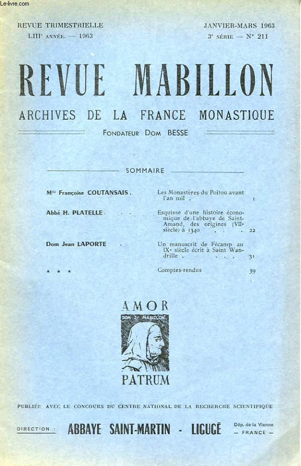REVUE MABILLON - ARCHIVES DE LA FRANCE MONASTIQUE - LIII ANNEE - N 211