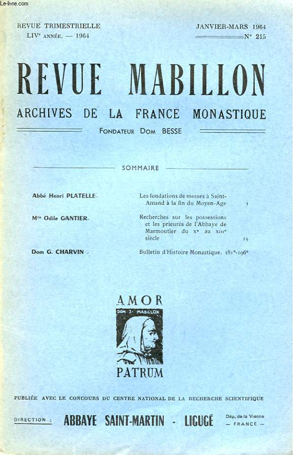 REVUE MABILLON - ARCHIVES DE LA FRANCE MONASTIQUE - LIV ANNEE - N 215