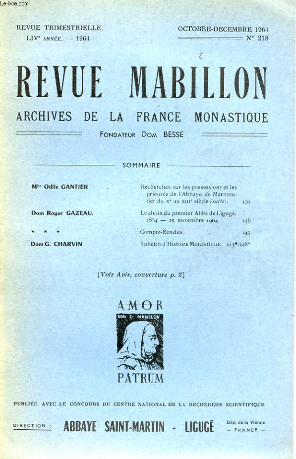 REVUE MABILLON - ARCHIVES DE LA FRANCE MONASTIQUE - LIV ANNEE - N 218