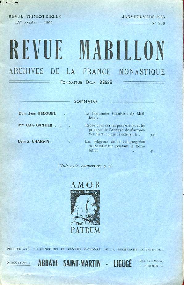 REVUE MABILLON - ARCHIVES DE LA FRANCE MONASTIQUE - LV ANNEE - N 219