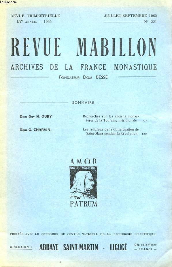 REVUE MABILLON - ARCHIVES DE LA FRANCE MONASTIQUE - LV ANNEE - N 221