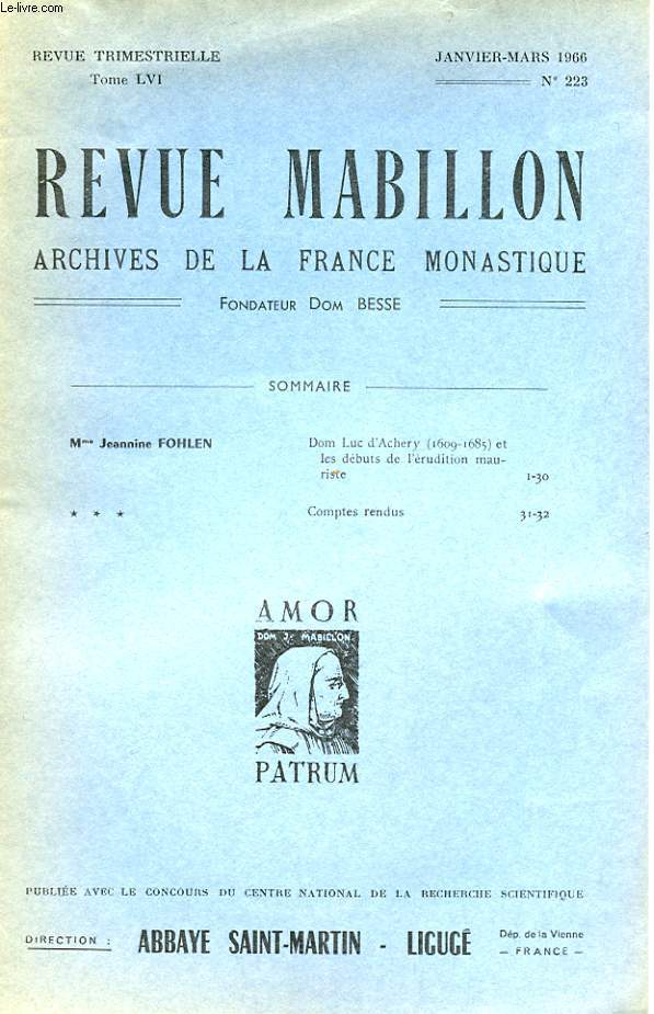 REVUE MABILLON - ARCHIVES DE LA FRANCE MONASTIQUE - LVI ANNEE - N 223