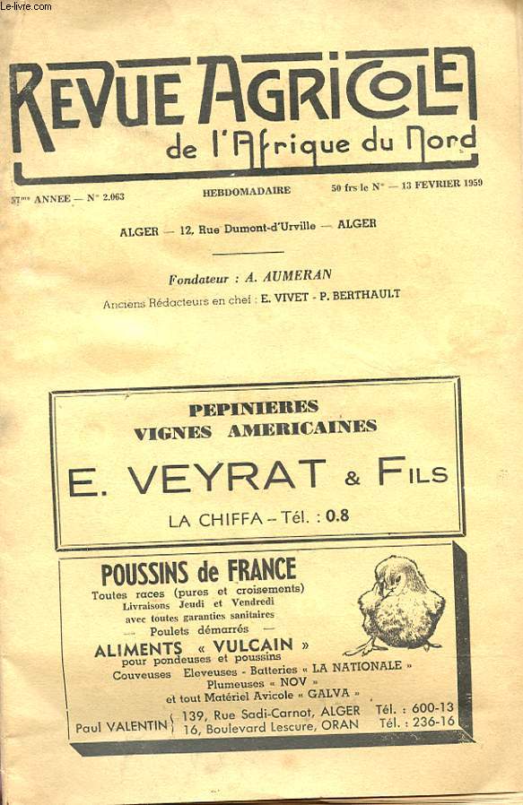 REVUE AGRICOLE DE L'AFRIQUE DU NORD - 57me ANNEE - N 2.063.