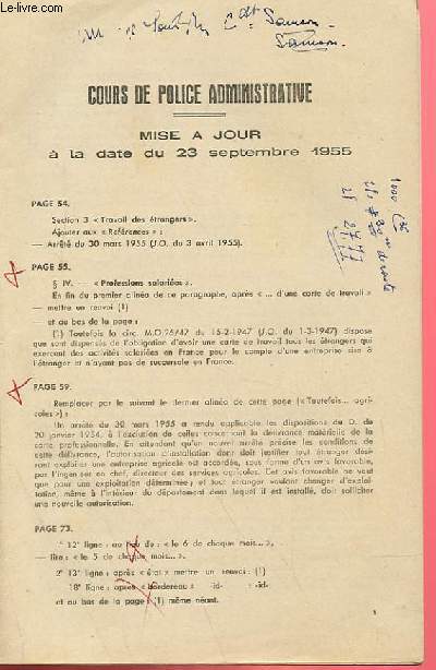 COURS DE POLICE ADMINISTRATIVE, MISE A JOUR A LA DATE DU 23 SEPTEMBRE 1955