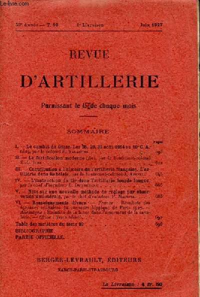 REVUE D'ARTILLERIE TOME 99 LIVRAISON 6