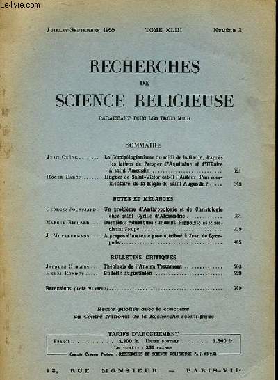 RECHERCHES DE SCIENCE RELIGIEUSE TOME XLIII NUMERO 3