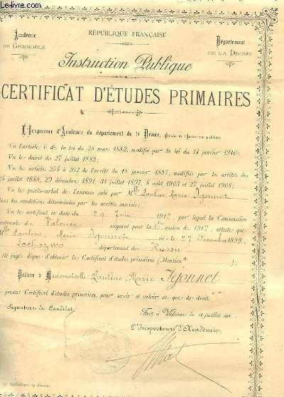 CERTIFICAT D'ETUDES PRIMAIRES, INSTRUCTION PUBLIQUE