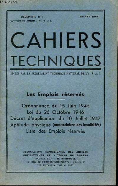 CAHIER TECHNIQUES N 7 ET 8 - LES EMPLOIS RESERVES