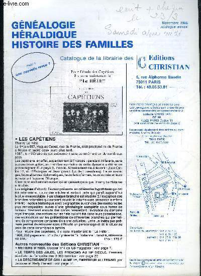 CATALOGUE ANNUEL - GENEALOGIE HERALDIQUE HISTOIRE DES FAMILLES- novembre 1986