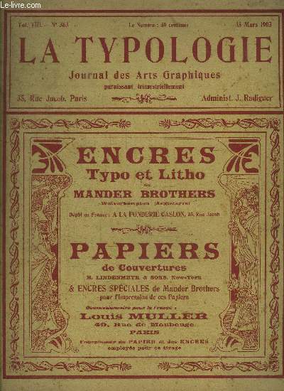 JOURNAL DES ARTS GRAPHIQUES- LA TYPOLOGIE - PARAISSANT TRIMESTRIELLEMENT - VOL. VIII - N363- 15 MARS 1903
