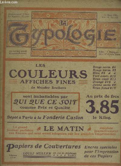 JOURNAL DES ARTS GRAPHIQUES- LA TYPOLOGIE - PARAISSANT TRIMESTRIELLEMENT - VOL. IX - N375- 15 MARS 1906