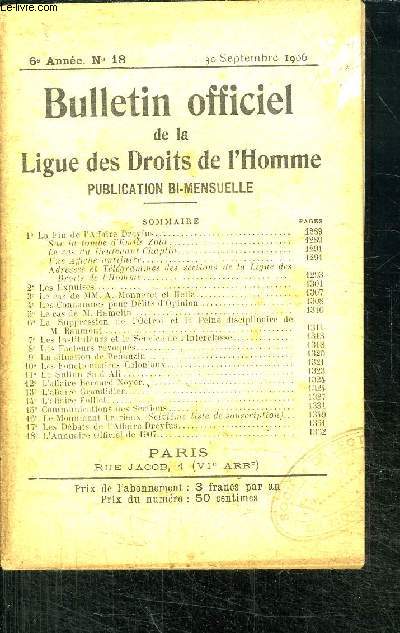 BULLETIN OFFICIEL DE LA LIGUE DES DROITS DE L'HOMME - PUBLICATION BI-MENSUELLE - 6 ANNEE N18