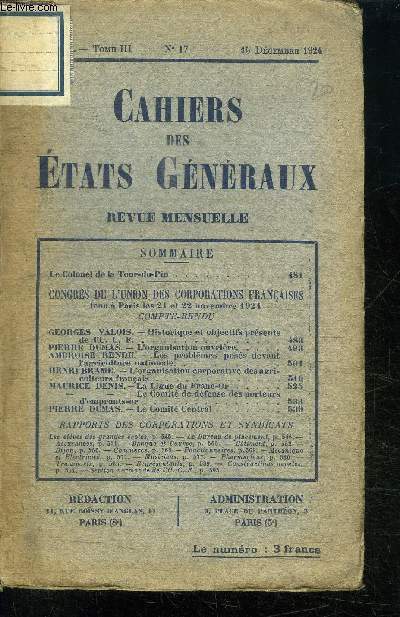 CAHIERS DES ETATS GENERAUX - REVUE MENSUELLE N17 - 2 ANNEE TOME III - 15 DECEMBRE 1924