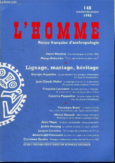 L'HOMME N148 OCTO/DEC 1998 - REVUE FRANCAISE D'ANTRHOPOLOGIE - Henri Mandras, Manga Bekombo, Geroges Augustins, ...