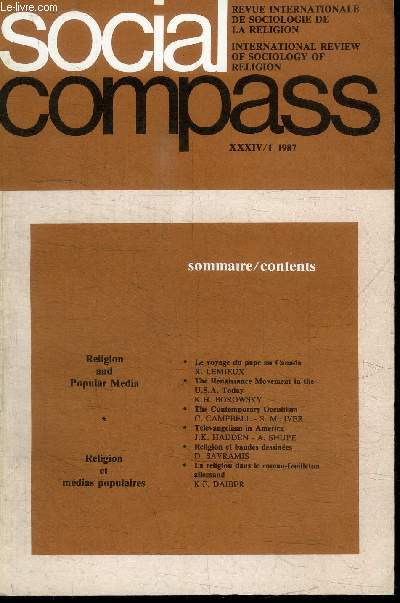 SOCIAL COMPASS VOLUME XXXIV/1 1987 - Religion et mdias populaires, le voyage du pape au Canada