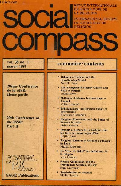 SOCIAL COMPASS VOLUME 38 N1 - 20eme confrence de la SISR : IIeme partie, Religion in Finland and the Scandinavian Model, ...