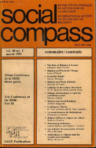 SOCIAL COMPASS VOLUME 40 N1 - 21eme Confrence de la SISR: IIeme partie, the role of religion in Ireland, ...