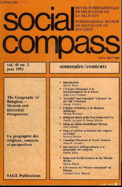 SOCIAL COMPASS VOLUME 40 N2 - La gographie des religions, contexte et perspectives