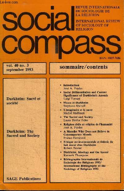 SOCIAL COMPASS VOLUME 40 N3 - Durkheim: Sacr et socit