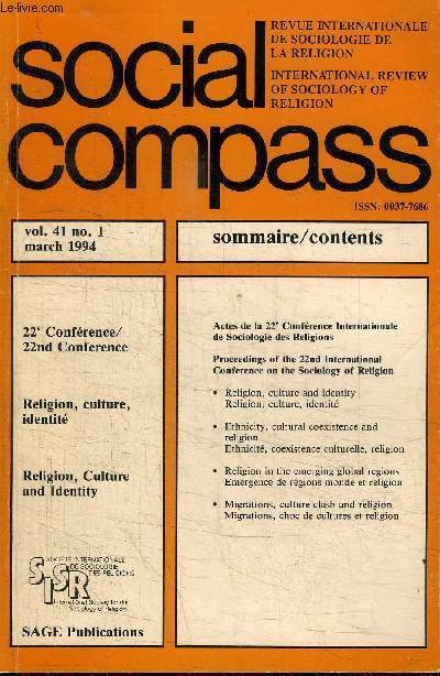 SOCIAL COMPASS VOLUME 41 N1 - 22e confrence : religion, culture, identit