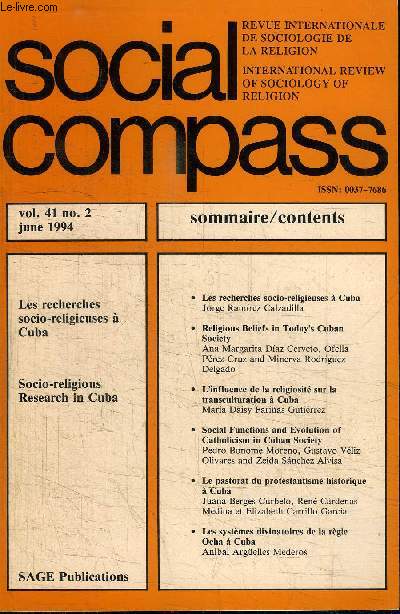 SOCIAL COMPASS VOLUME 41 N2 - Les recherches socio-religieux  Cuba