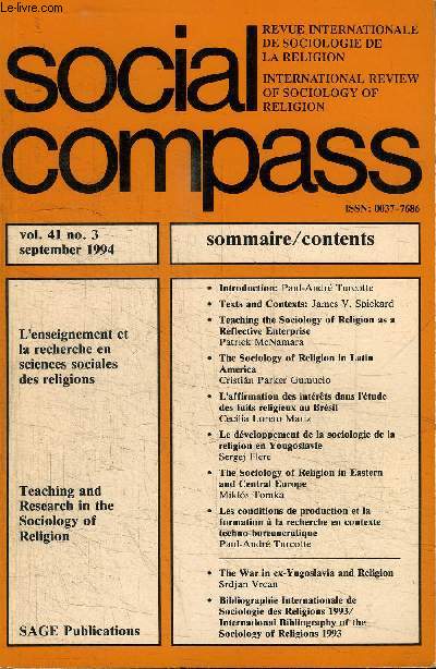 SOCIAL COMPASS VOLUME 41 N3 - L'enseignement et la recherche en sciences sociales des religions