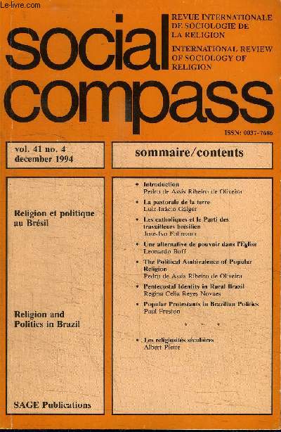 SOCIAL COMPASS VOLUME 41 N4 - Religion et politique au Brsil
